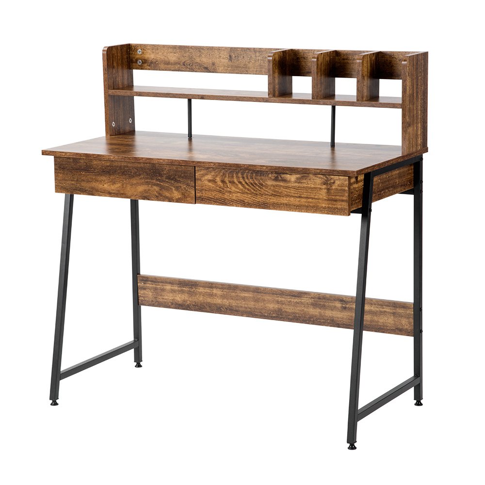 【オフィスチェア+パソコンデスク セット】 【ダークブラウン】パソコンデスク 引き出し付き 収納台 ミ..