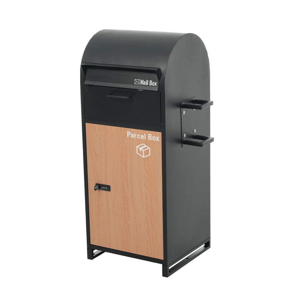 ポスト 置き型 ほぼ完成品 傘立て付き ポスト付き 宅配ボックス付き スタンドポスト おしゃれ 一戸建て用 大型 郵便受け スタンドポスト シンプル 玄関【ブラック+木目】(4)