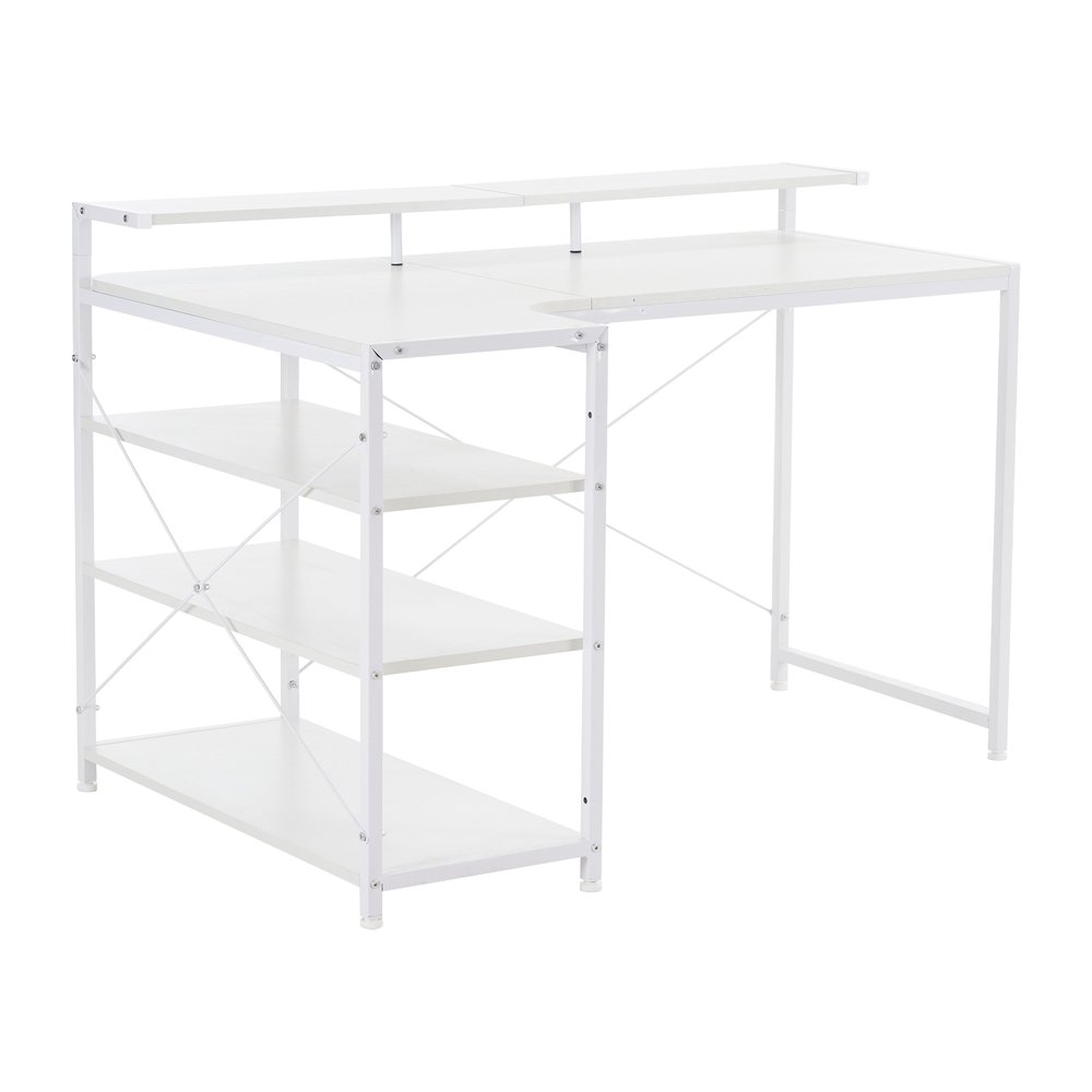 【オフィスチェア+パソコンデスク セット】 【改良タイプ】【ホワイト】パソコンデスク L字 120cm 3段ラック付 ハイデスク付き デスク木製 ミシン台 書斎...