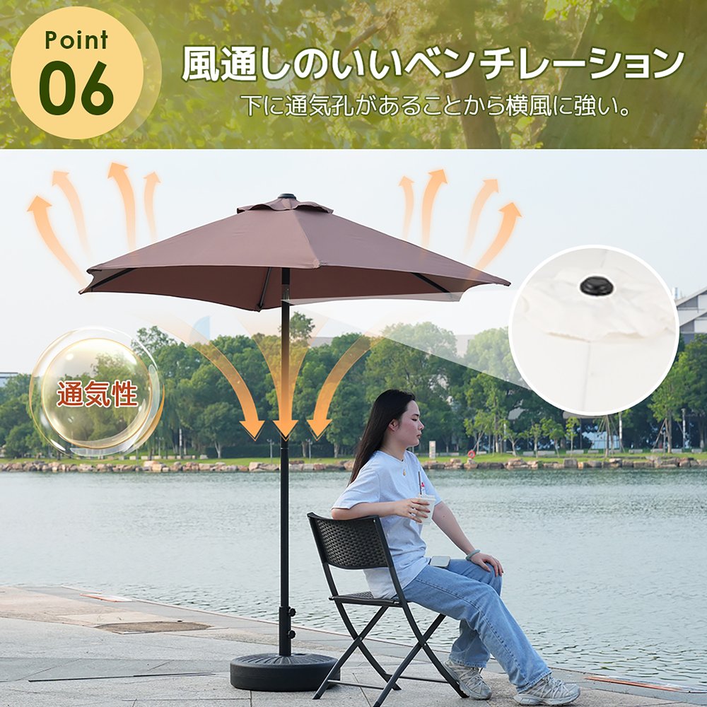【TYPEBブラウン+ベース付き】パラソル ハンドル・フリル付き 直径220cm 30+UPF紫...