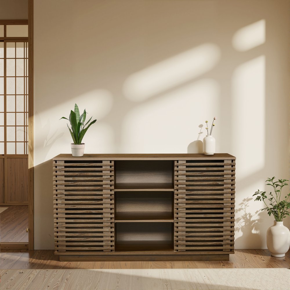 ウォールナット色 リビング収納 キャビネット サイドボード 収納キャビネット 大容量収納キャビネット ムービングドア