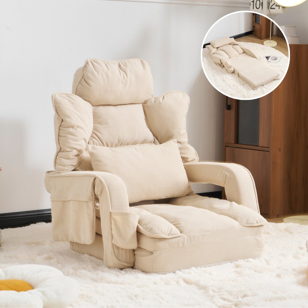 座椅子 ソファー ソファーベッド 可愛らしいデザイン 90°~180°角度調節 42段調整可能 2WAY 1人掛け シンプル 折りたたみ フロアソファー 寝る 座る ワッフル織り 通気性よい