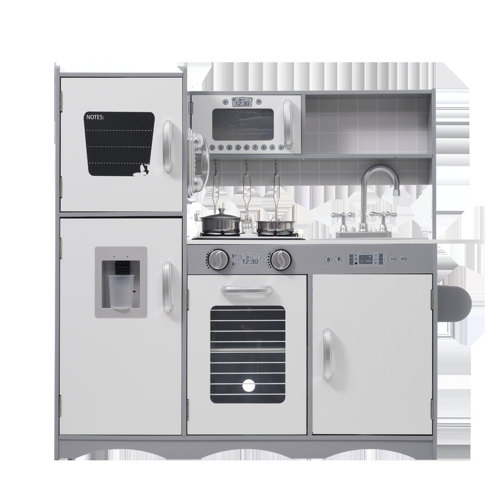 おままごと 冷蔵庫 キッチン 木製 ライト付き 音が鳴る 台所 ウォーターサーバー 電話 食洗機 調理器具付き 調味料 知育玩具 コンロ プレゼント ホワイト＋グレー