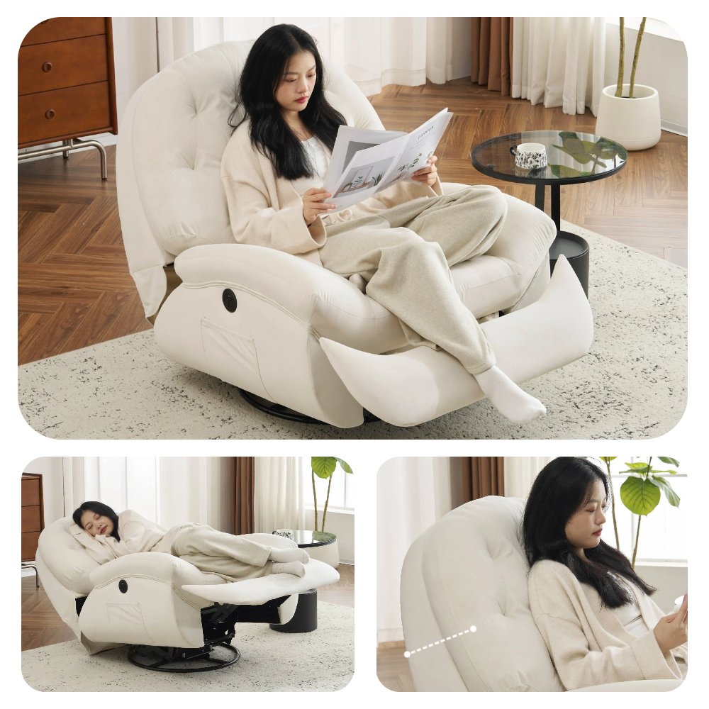 電動1人掛けソファー リクライニングチェア ゲーミングチェア リクライニングソファ 電動ソファ ベルベット 貝殻のデザイン 270度回転式 一人暮らし 癒しの必需品