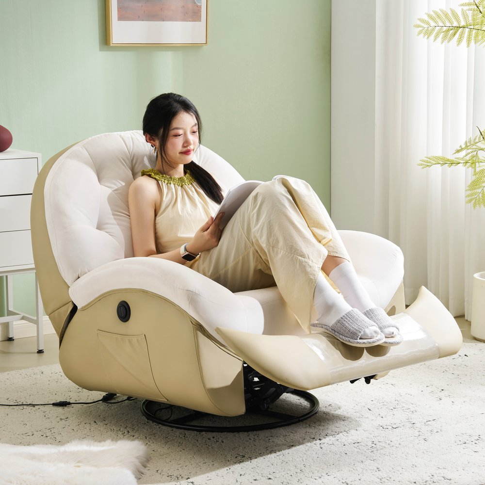 電動1人掛けソファー リクライニングチェア ゲーミングチェア リクライニングソファ 電動ソファ ベルベット 貝殻のデザイン 270度回転式 スマホ充電可能 癒しの必需品