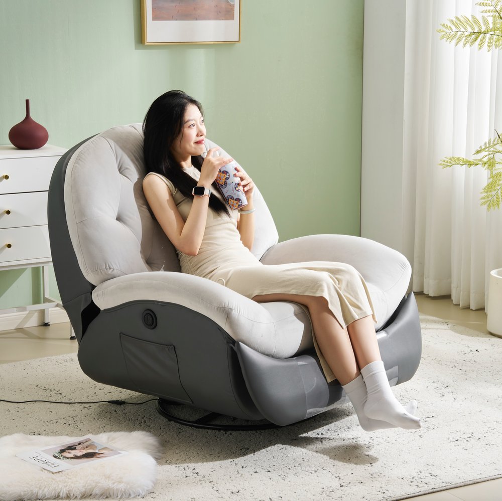 電動1人掛けソファー リクライニングチェア ゲーミングチェア リクライニングソファ 電動ソファ ベルベット 貝殻のデザイン 270度回転式 スマホ充電可能 癒しの必需品