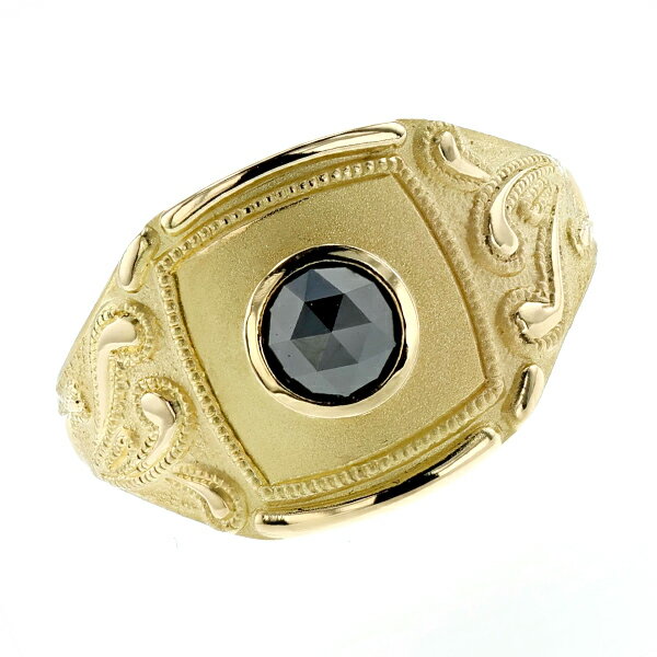 ブラックダイヤモンド メンズリング 0.50ct～ --ローズカット 18金 一粒 黒ダイヤ 0.5ct 0.5カラット ローズカット 唐草 指輪 K18 イエローゴールド