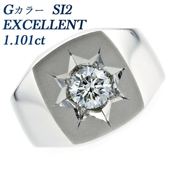 ダイヤモンド 印台 メンズリング 1.101ct G SI2 EX プラチナ 1カラット 1ct Pt900 三味印台 指輪 リング 男性用 メンズ ダイヤ ダイヤリング ダイヤモンドリング 一粒 ソリティア 五光留め 大粒 EXCELLENT