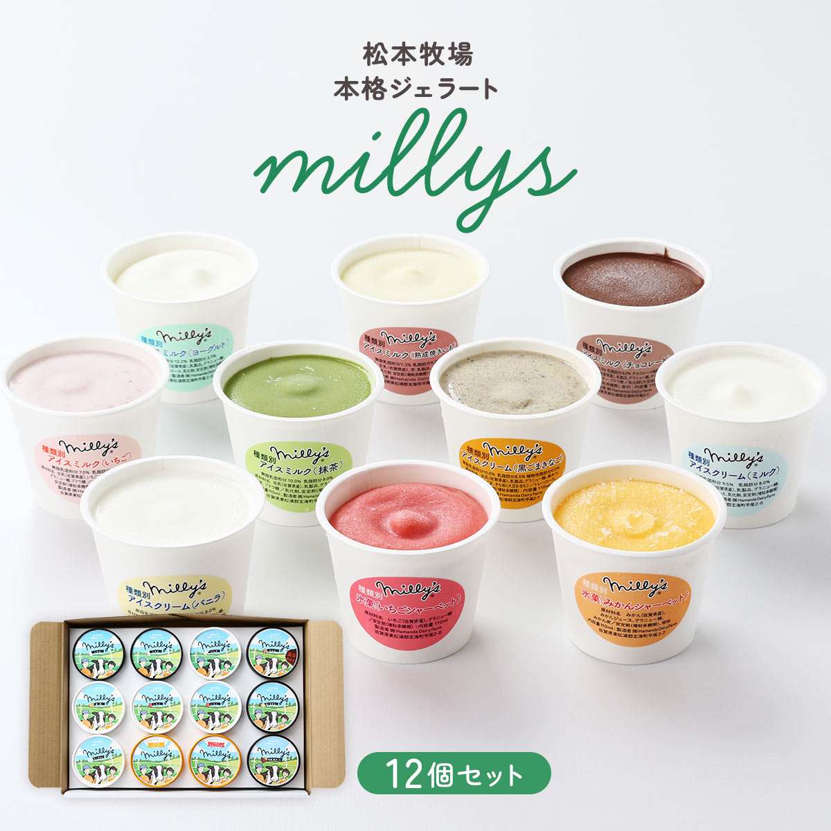 【最大500円OFFクーポン配布中♪5/9 20:00~5/16 9:59】 松本牧場 本格ジェラート millys 12個セット