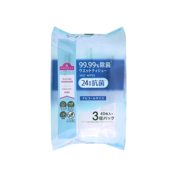 トップバリュ 24時間抗菌 除菌99.99ウエットティシュー アルコール 40枚×3個 TOPVALU イオントップバリュのサムネイル