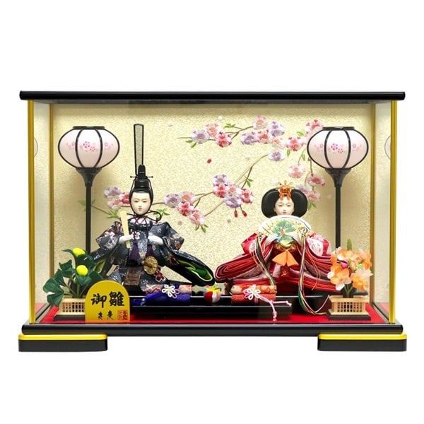 【ポイント3倍！】寿慶 親王ケース飾り「枝桜」 4944358065327 ひな人形 雛人形 節句　節句人形　ケース飾り　桜　枝桜　刺繍　金柱　黒　黒塗り　ガラスケース　おしゃれ　かわいい