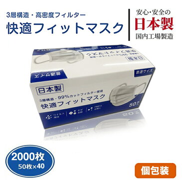 マスク 不織布 日本製 50枚入り×40個 2000枚 個包装 立体 使い捨て 三層構造 快適フィットマスク 平ゴム採用 大人用 おしゃれ 使い捨てマスク 白 ホワイト 花粉 プリーツ加工 風邪 花粉 ウイルス 防塵 粉塵 ホコリ 鼻炎 予防 対策