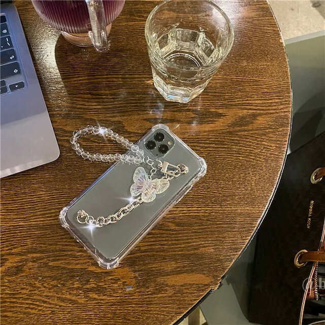 Butterfly Chain Clear Case【送料無料】チェーンクリアケース iphone12 iphone13 iphone13Pro クリアケース かわいい スマホケース チェーン ストラップ付 韓国風 スマホカバー チャーム 透明ケース クリア 大人 韓国 ストラップ 蝶々 蝶 おしゃれ アイフォンケース 夏 TPU