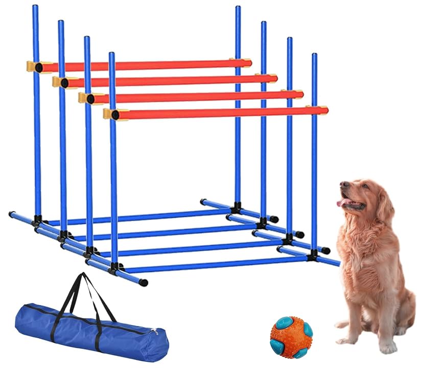 ? 【トレーニング4点セット】この犬アジリティー運動器具には、合計4つのドッグアジリティジャンプが含まれており、犬の柔軟性や反応能力を鍛え、体の協調性とアジリティを高めることができます。犬の障害克服や体力トレーニング、アジリティトレーニング、ペットのスキルアピールに最適な選択肢です。商品寸法: 長さ60cm x 幅62.5cm x 高さ85cm、素材：PVC? 【高さ調節可能】ジャンプバーの高さはグリップ位置を変えれば、自由に調節可能なので、小型、中型、大型など様々なサイズの犬に適用しています。そして、ワンちゃんのレベルに合わせて調節でき、初心者でも安心させるだけではなく、犬の生命のステージに付き合い、犬の敏捷性を向上させます。? 【設置持ち運びも簡単】この犬のジャンプのハードルは収納袋が付いており、分解と取り付けも簡単で、軽量で持ち運びが簡単で、使いやすいです。自立式のため、芝生コンクリートなどサーフェスを気にすることなく、外で練習できない雨の日などは室内で練習もできます。? 【安全な素材】高品質のプラスチック素材でできており、頑丈で耐久性があり、長寿命です。プラスチック製のリングは犬を傷つけないように柔らかくなっています。? 【運動不足解消】適当なトレーニングにより、犬の心身の健康を助けるだけでなく、退屈な感情を解消して、犬が商品を傷つけたり、孤独な不安やその他の悪い習慣を防いだりすることができます。ワンちゃんと一緒に楽しい時間を過ごすことで、相互の信頼を構築しましょう? 【トレーニング4点セット】この犬アジリティー運動器具には、合計4つのドッグアジリティジャンプが含まれており、犬の柔軟性や反応能力を鍛え、体の協調性とアジリティを高めることができます。犬の障害克服や体力トレーニング、アジリティトレーニング、ペットのスキルアピールに最適な選択肢です。商品寸法: 長さ60cm x 幅62.5cm x 高さ85cm、素材：PVC? 【高さ調節可能】ジャンプバーの高さはグリップ位置を変えれば、自由に調節可能なので、小型、中型、大型など様々なサイズの犬に適用しています。そして、ワンちゃんのレベルに合わせて調節でき、初心者でも安心させるだけではなく、犬の生命のステージに付き合い、犬の敏捷性を向上させます。? 【設置持ち運びも簡単】この犬のジャンプのハードルは収納袋が付いており、分解と取り付けも簡単で、軽量で持ち運びが簡単で、使いやすいです。自立式のため、芝生コンクリートなどサーフェスを気にすることなく、外で練習できない雨の日などは室内で練習もできます。? 【安全な素材】高品質のプラスチック素材でできており、頑丈で耐久性があり、長寿命です。プラスチック製のリングは犬を傷つけないように柔らかくなっています。? 【運動不足解消】適当なトレーニングにより、犬の心身の健康を助けるだけでなく、退屈な感情を解消して、犬が商品を傷つけたり、孤独な不安やその他の悪い習慣を防いだりすることができます。ワンちゃんと一緒に楽しい時間を過ごすことで、相互の信頼を構築しましょう