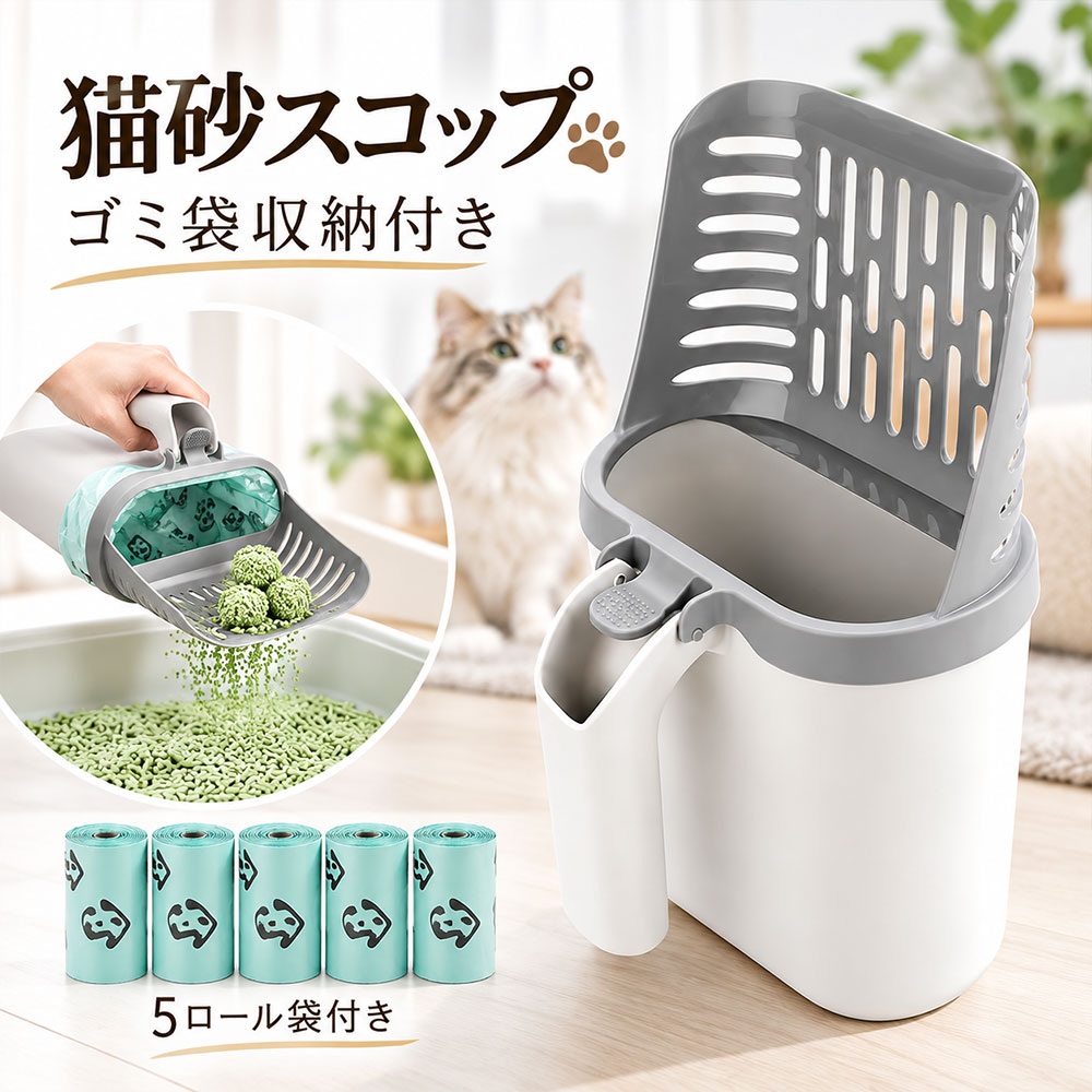 猫砂スコップ 猫砂シャベル ゴミ袋付き 猫トイレ 掃除用品 一体型 猫砂用スコップ 収納ケース付き 一体型 猫砂シャベル 大型スコップ 飛び散り防止 スコップ 持ち手付き 猫砂掃除 ペット用品 猫用品 便利グッズ ゴミ袋 5ロール付 お手入れ簡単 消臭 清潔 軽量