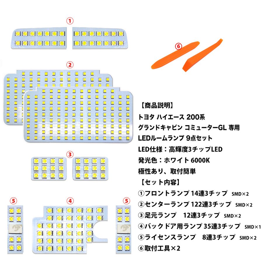 ルームランプ led ハイエース200系 グランドキャビン コミューターGL 専用設計 LED ホワイト 6000K 室内灯 専用設計 爆光 LEDバルブ 内装パーツ イエロー 6000K opplight opl099-ss