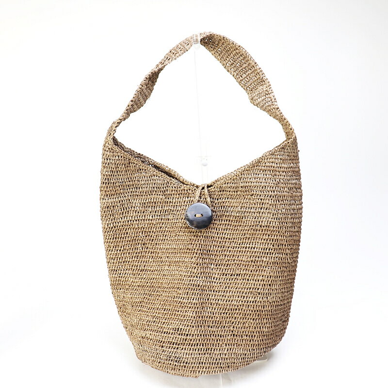 ラフィアバッグ　かぎ編み 牛角ボタン HANITRA ベージュ コーヒー染め