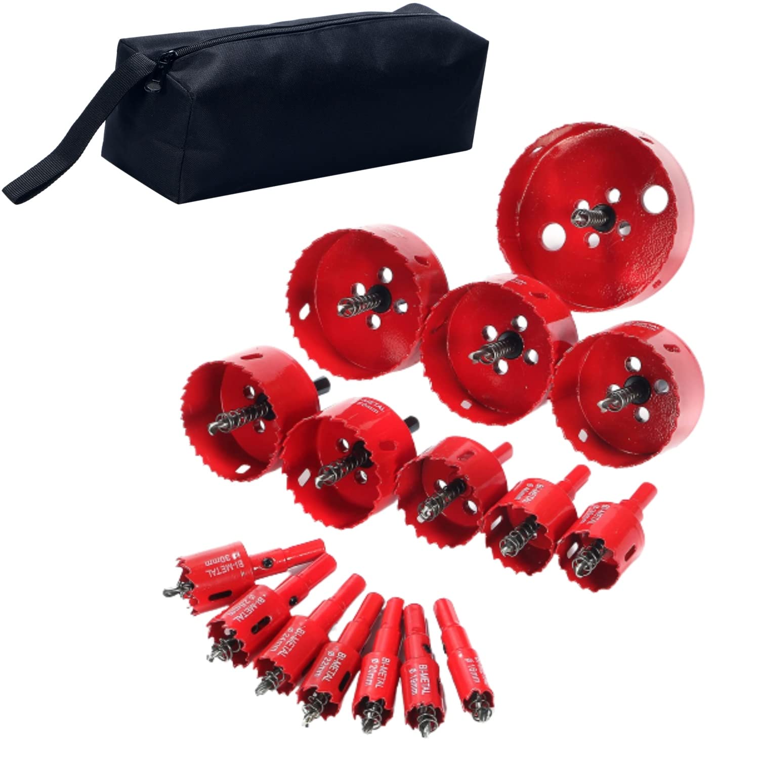 バイメタル ホールソー ホルソー 穴あけ 切削 工具 16mm 19mm 20mm 22mm 24mm 28mm 30mm 35mm 40mm 50mm 60mm 65mm 70mm 75mm 80mm 100mm (16本セット (16mm~100mm)+ソフトケース)