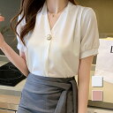 Vネックブラウス レディース トップス 半袖 春服 夏 10代 20代 30代 韓国ファッション パール オフィスカジュアル とろみ デコルテ 大人