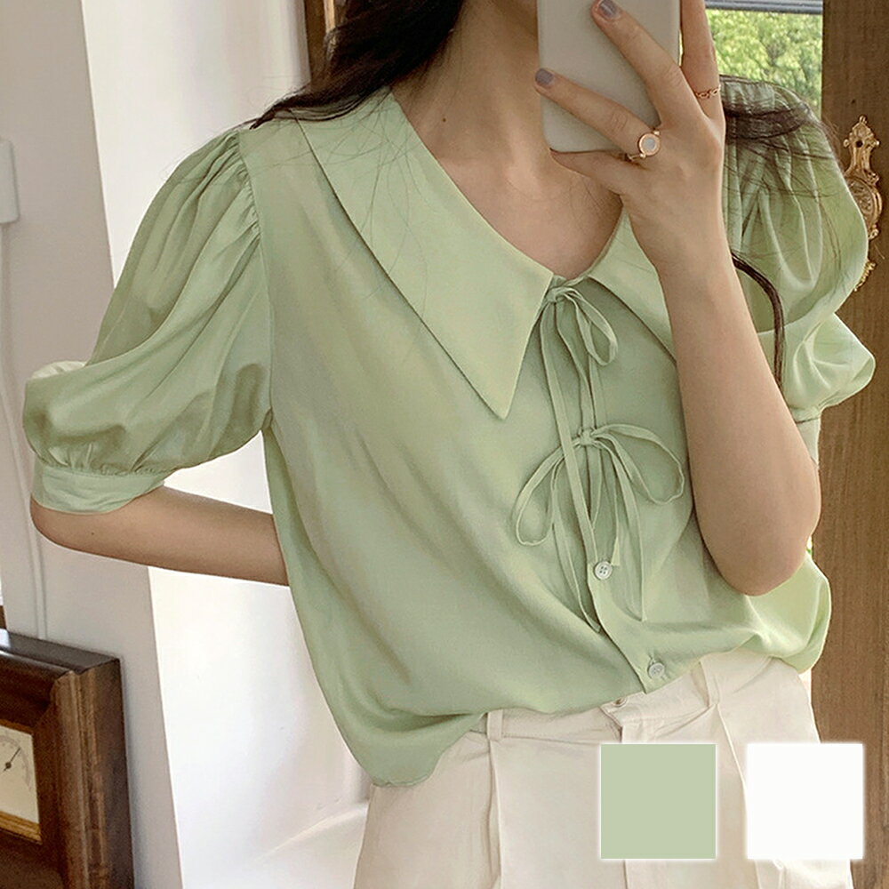 フロントリボンブラウス レディース シャツ 春 夏服 秋 韓国ファッション 10代 20代 30代 オフィスカジュアル パフスリーブ 大きいサイズ ボリューム袖 可愛いのサムネイル