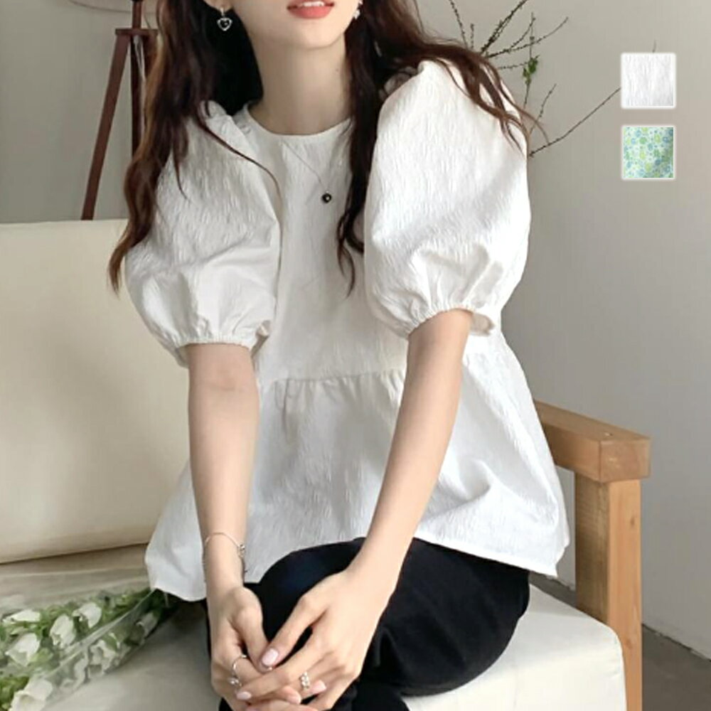 バックリボンブラウス レディース トップス 春 夏服 韓国ファッション 10代 20代 30代 オフィスカジュアル パフスリーブ ペプラム チュニック