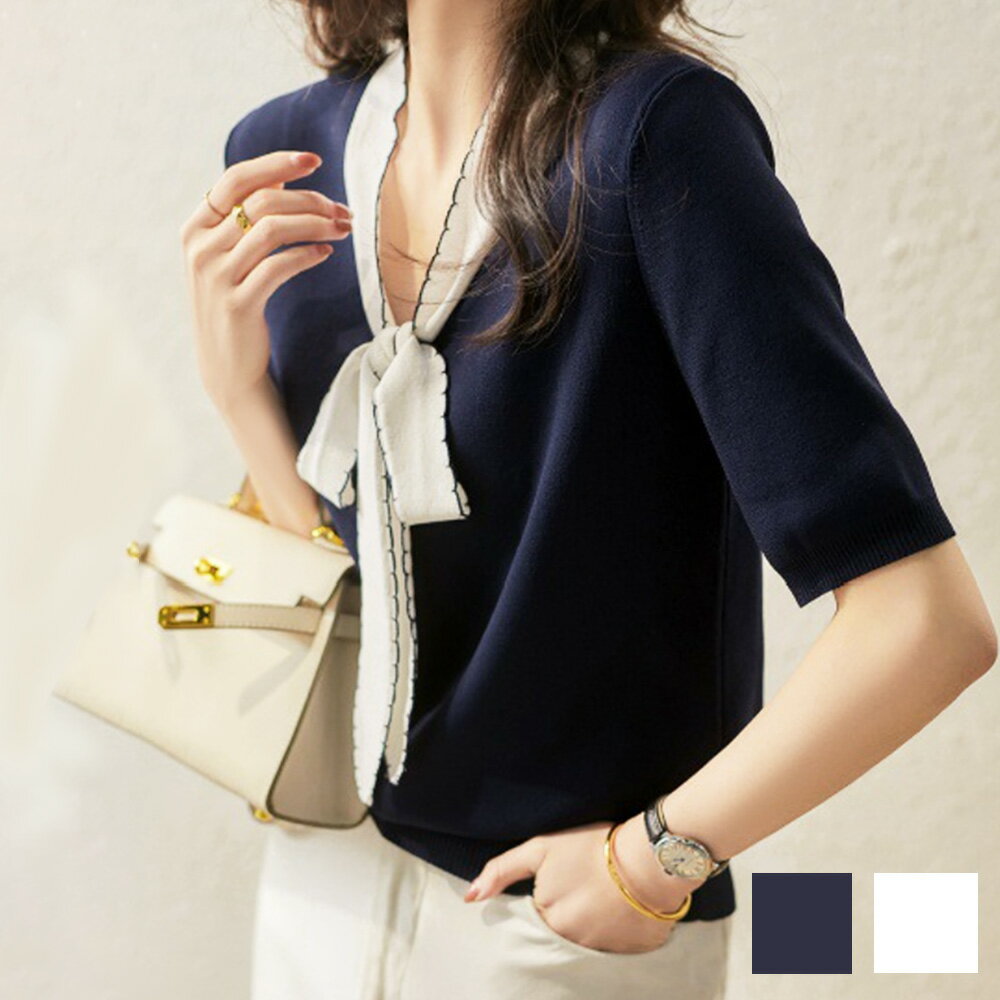 リボンサマーニット 韓国ファッション 10代 20代 30代 レディース トップス 着脱がスムーズ リボン エ..