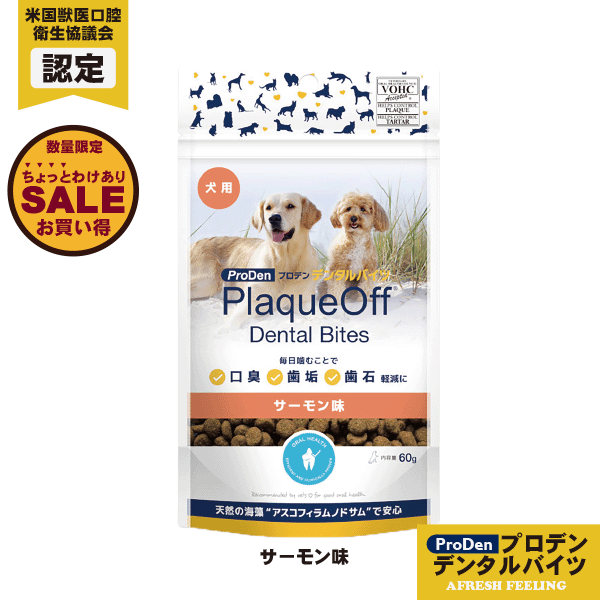 【 ちょっとわけあり（賞味期限間近）商品 】 デンタルケア 口臭 歯垢 歯石 軽減 犬用おやつ オヤツ おやつ 無添加 トリーツ ペット ドッグ proden VOHC A　FRESHFEELING アフレッシュフィーリング プロデンデンタルバイツ サーモン味 60g ※賞味期限2025年12月15日迄