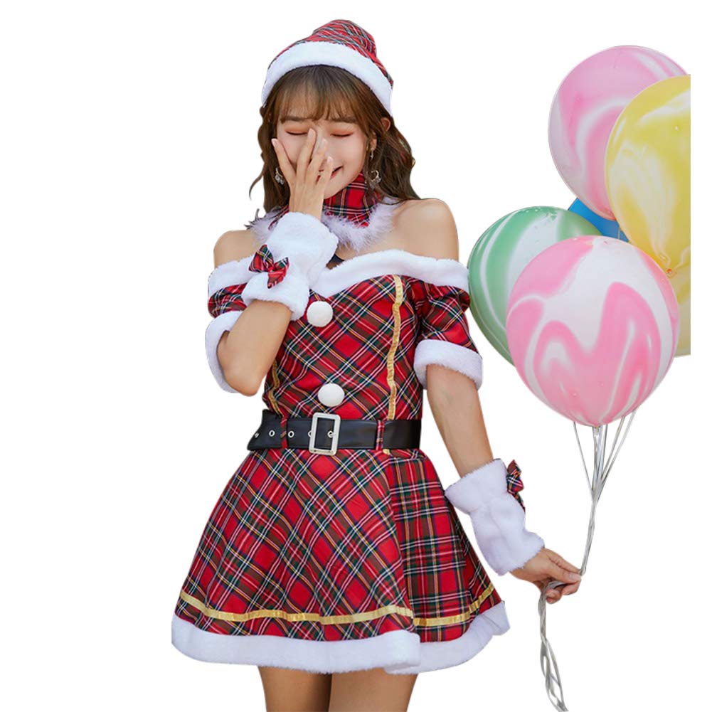 \スーパーセール 10%OFF/サンタコス サンタワンピース サンタ コスプレ チェック 格子縞 衣装 帽子付き クリスマス レディース 三点セット かわいい ...