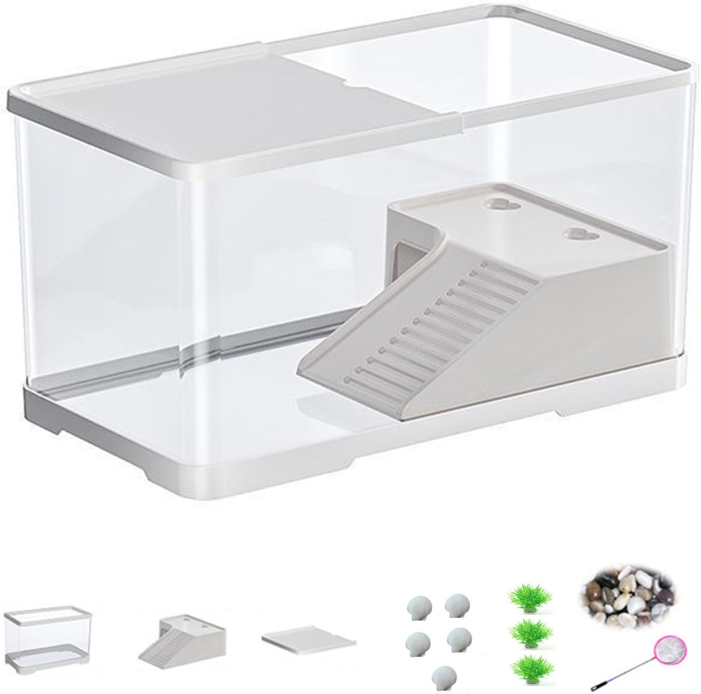 【蓋付き/収納機能/水交換超簡単/餌やりが便利】【13点セット】 亀 水槽 亀の水槽 飼育ケース 大きい 初心者セット 脱出防止 透明 軽量 透気 両生飼育箱 ...