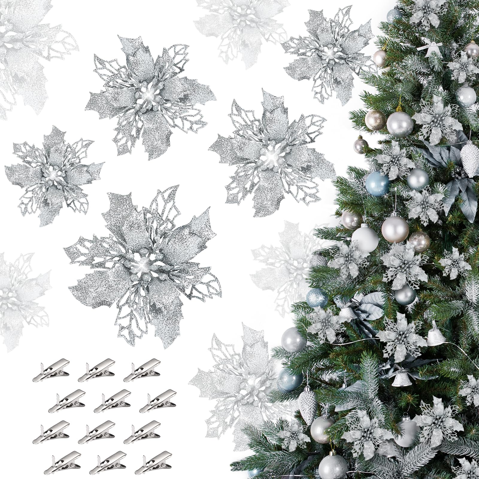 クリスマス 飾り オーナメント 21個入 クリップ付き ポインセチア 造花 クリスマスツリー飾り クリスマ..