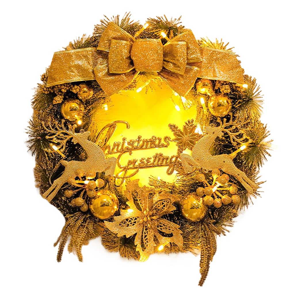 クリスマスリース 40cm 光る LEDライト付き 店舗 暖炉 屋外 インドア 庭園 花輪 壁飾り 華やか 造花 リ..