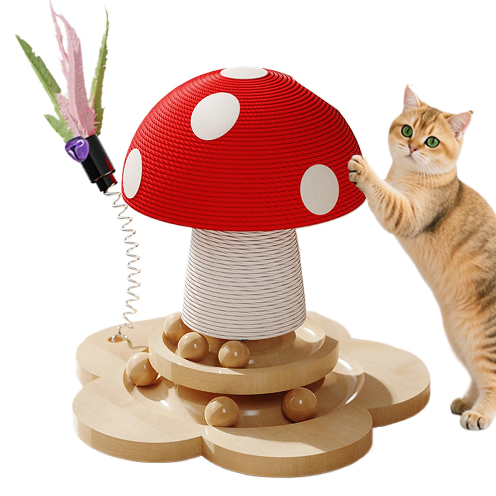 猫用爪とぎ台 マッシュルーム形木製ベースシザルタワー,猫用爪とぎポストツリー じゃらし付き - 家具保..