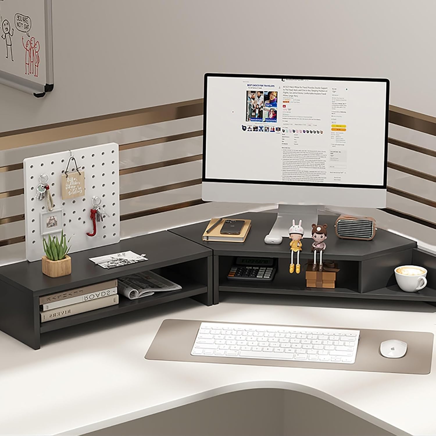 Rakuten - 木製 コーナーモニター台 卓上収納 + 穴あきボード付き オフィスオーガナイザーラック モニターシェルフライザー