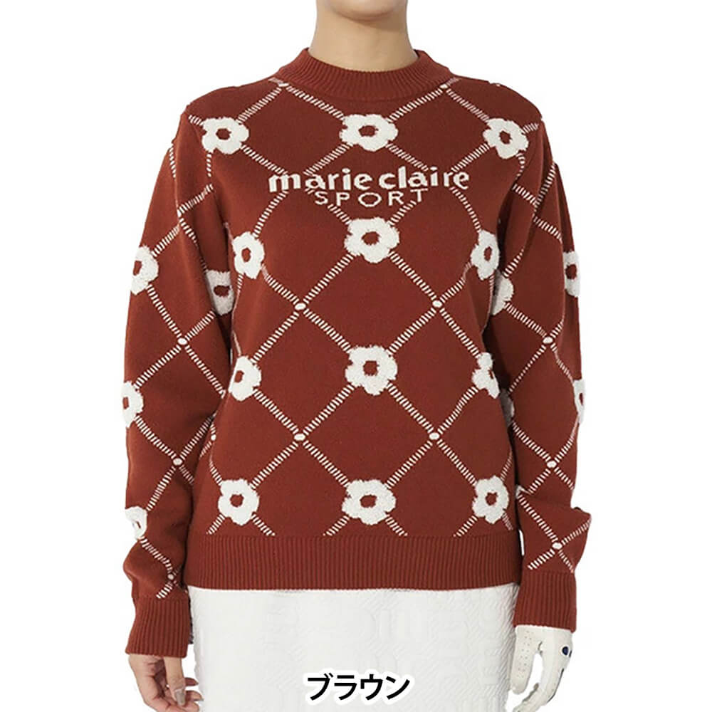 【50％OFF】 マリクレール レディース ロゴジャガード 花柄 パイル編み 長袖 クルーネック セーター 734-721 ゴルフウェア [2024年秋冬モデル] 特価