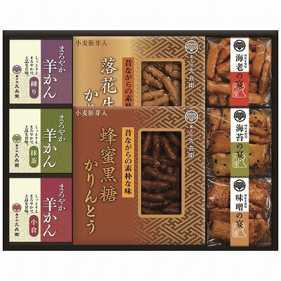 ●商品内容：かりんとう40g(蜂蜜黒糖・落花生各1袋)・あられ30g(海老・海苔・味噌各1袋)・羊かん60g(抹茶・練り・小倉各1個)・賞味期間/製造日より常温約180日・［日本製］・【小麦・落花生・えび】●箱サイズ：36.3×29.2×4...