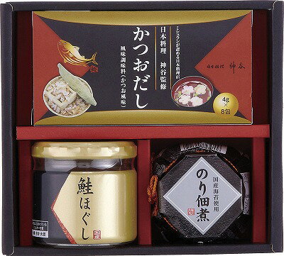 ●商品内容（サイズ）：のり佃煮瓶詰（80g）・鮭ほぐし（50g）・かつおだし（4g×8）×各1●賞味期限（製造日から）：1年(乳・小麦)●箱サイズ：16.5×18×7.4cm メーカー希望小売価格はメーカーカタログに基づいて掲載しています。 ギフト対応 当店はギフト専門店です。 出産内祝・結婚内祝・引出物・快気祝・全快祝・新築内祝・成人内祝・入学内祝・初節句内祝等各種内祝をはじめ、就職祝い・敬老祝い・還暦祝い・退職祝い・退職記念等記念品や各種お祝い、香典返し、満中陰志、一周忌、三回忌・七回忌のお返し、母の日・早割 早期$その他様々なギフトシーンにもお使いください。 定番の贈り物・お祝い・お返し　内祝 内祝い 出産内祝い 命名内祝い 快気祝 快気内祝 全快祝　お見舞い お見舞御礼 お餞別入園内祝い 入学内祝い 卒園内祝い 卒業内祝い 就職内祝い 新築内祝い 引越し内祝い 開店内祝い ウェディングギフト ブライダルギフト 引き出物 結婚引き出物 結婚引出物 結婚内祝い二次会 披露宴 お祝い 御祝 結婚式 結婚祝い 出産祝い 初節句 七五三 入園祝い 入学祝い 卒園祝い 卒業祝い 成人式 就職祝い 昇進祝い 新築祝い 上棟祝い 引っ越し祝い 引越し祝い 開店祝い 退職祝い 快気祝い 全快祝い 初老祝い 還暦祝い 古稀祝い 喜寿祝い 傘寿祝い 米寿祝い 卒寿祝い 白寿祝い 長寿祝い 金婚式 銀婚式 ダイヤモンド婚式 結婚記念日 ギフト ギフトセット 成人式 初節句 粗品 記念品 二次会 景品 周年記念 コンペ景品 誕生日 贈答品 一周忌 三回忌 法事引出物 香典返し 初盆　新盆　 志 回忌法要 還暦御祝い 開店お祝い 退職 卒業記念品 お餞別 心ばかり 御返し お礼 御祝い 引越挨拶 引越御挨拶 挨拶 御挨拶 ごあいさつ ご挨拶 新築内祝 周年記念 ギフト 誕生日 季節の贈り物・各種お祝い・プレゼント　 お中元 お歳暮 御年賀　年賀 寒中見舞い 暑中見舞い 残暑見舞い 暦祝 還暦御祝 還暦お祝い 開店祝 開店御祝 開店御祝い 開店祝い 餞別 出産祝い 出産お祝い 御祝い ご出産御祝い 入学祝い 卒業祝い 就職祝い 引越し祝い 子供の節句 子供の日 ひな祭り　 七五三 セット 詰め合わせ 贈答品 ごあいさつ ご挨拶 御挨拶 プレゼント 引越し 引越しご挨拶 記念日 誕生日 父の日 母の日 敬老の日 記念品 卒業記念品 定年退職記念品 ゴルフコンペ コンペ景品 景品 賞品 粗品 ホワイトデー 七夕 ハロウィン 七五三 クリスマス　 ギフト対応について 　　こちらの商品はのし紙、ラッピング、メッセージカードをご指定いただけます。