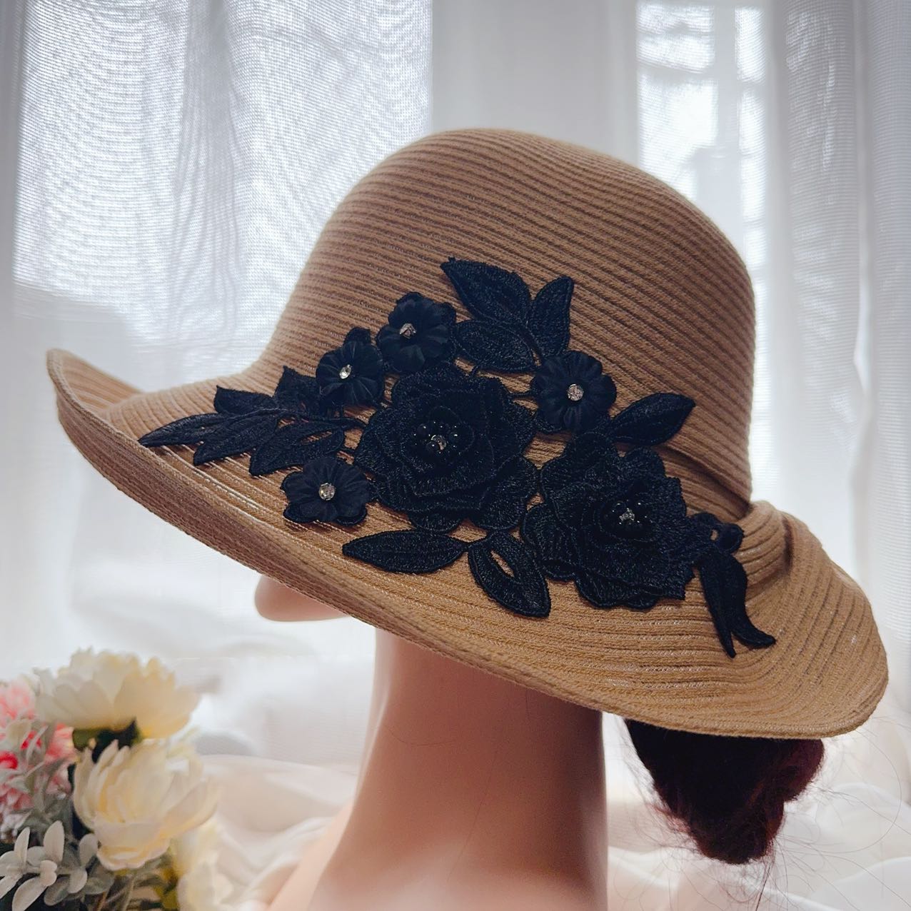 Panama Hats - 麦わら帽子 ナチュラル ベージュ　ブラックレースモチーフ　帽子 UV対策 紫外線対策 日焼け対策 母の日 プレゼント　ギフト
