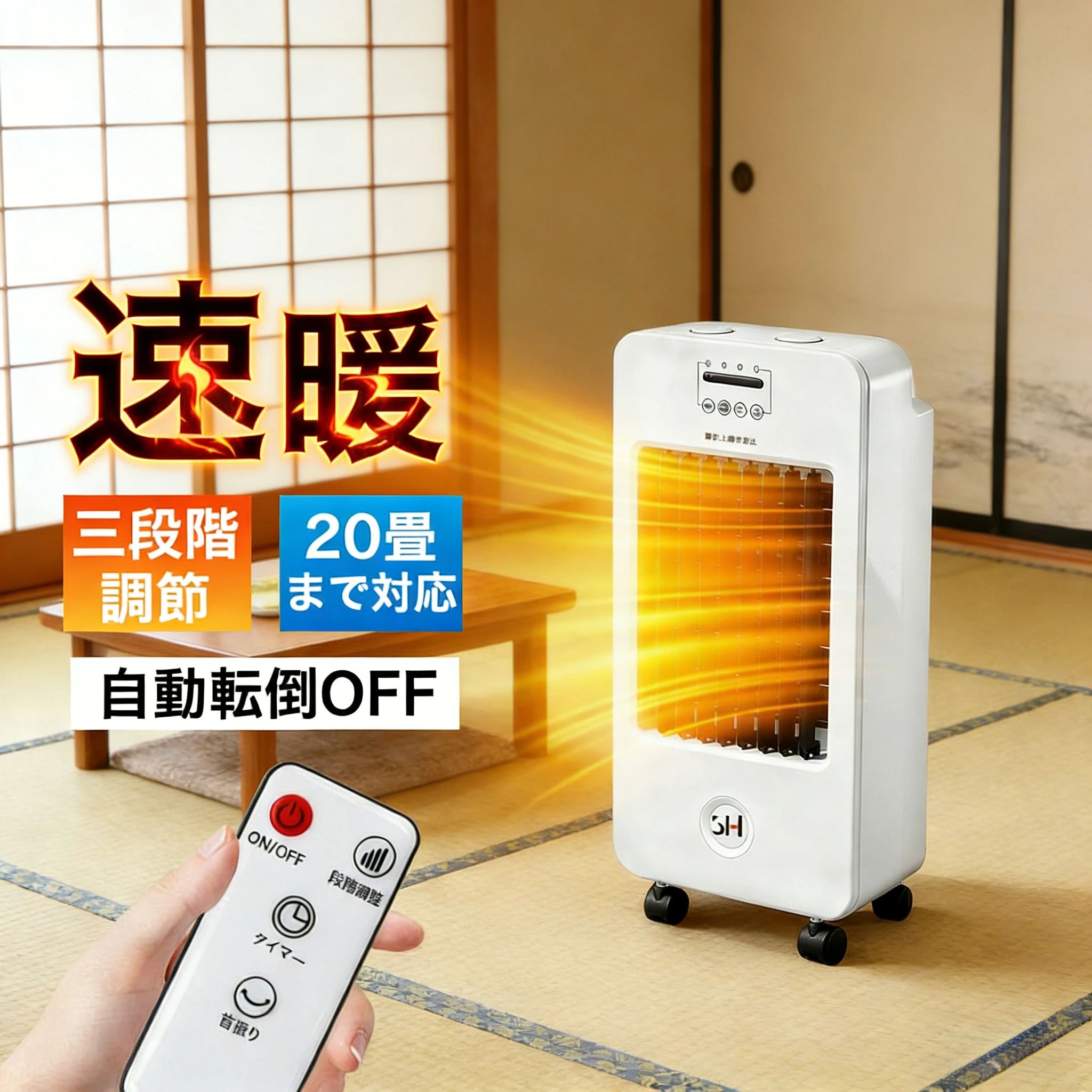 メーカー希望小売価格はメーカーサイトに基づいて掲載しています メーカー希望小売価格はメーカーサイトに基づいて掲載しています メーカー希望小売価格はメーカーサイトに基づいて掲載しています【10倍ポイントアップXブラックフライデー】セラミックヒーター 2秒速暖 サーキュレーター 首振り 温風 扇風機 ファンヒーター 3段階切替 暖房器具 省エネ 転倒自動オフ 大風量 足元 ヒーター 小型 脱衣所 電気ストーブ 寒さ対策 大風量 リモコン タイマー付 過熱保護 防寒 セラミックヒーター 小型 冷暖兼用 暖房 暖房器具 恒温 おしゃれ 1500W 持ち運び 脱衣所 足もと暖房 過熱防止 商品特徴：【製品仕様】製品名 ：セラミックヒーター型番：JD02858定格電圧・消費電力： 100/110V ・50/60Hz (日本国内専用)送風：30W / 強温風：1500W / 弱温風：800W発熱方式 ：セラミックヒーター（PTCヒーター）安全機能： 転倒時自動OFF、過熱防止装置主な機能： 3段階切替、オート首振り、リモコン、オフタイマー（最大8時間）サイズ/重量：幅25.5 × 奥行18 × 高さ53.5 cm / 約1.9 kg付属品 リモコン、日本語取扱説明書適合法規： PSE認証取得済み【商品特徴】【冬の足元から、穏やかな暖かさを。】【省エネ設計】PTCセラミックヒーターは、熱効率が99%以上に達し、電力を直接熱エネルギーに変換するため、エネルギーロスが非常に少なく、無駄な電気料金の浪費を防ぎます。【安全設計】転倒自動OFF・過熱防止で、ご家族やペットがいても安心。【静かで心地よい】就寝時でも気にならない超静音運転。【すぐ温まる】電源を入れるとすぐに加熱し、瞬時に強力な暖かい風を送ります。長い予熱は不要で、無駄な電力消費を減らし、1度の電気も無駄なく使います。【こだわりの暖かさ】即時暖房：高効率セラミック発熱体が、電源ONからわずか数秒で温風を送り出します。寒い日でもすぐに暖をとることができます。広角オート首振り：広範囲に温風を届けるオート首振り機能で、お部屋の隅々までムラなく暖めます。首振りはオン/オフの切り替えが可能です。2段階切替暖房：「強」と「弱」の2段階の暖房レベルから、お好みやお部屋の広さに合わせてお選びいただけます。1段階自然風：そよ風のような心地よい送風機能。サーキュレータ-とし夏て冷房の効率アップ。【お子様やペットと一緒でもこれで安心、充実の安全機能】転倒時自動OFF機能：万一、ヒーターが転倒した場合でも、即座に電源がカットされ、発熱を停止します。過熱防止装置（オーバーヒートプロテクション）：内部の温度が異常に上昇した場合、自動で電源をOFFにして安全性を確保します。耐熱・防火対策外装：本体外装は高温になりにくい難燃性素材を採用。万が一の接触にも配慮しています。【快適な使用感を追求】超静音設計：特別に設計されたファンとモーターにより、図書館のような静けさの中でもご使用いただけます。就寝時の使用に最適です。コンパクト&amp;軽量：すっきりとしたデザインで場所を取らず、持ち運びも楽々。リビングはもちろん、書斎、寝室、洗面所など、様々なシーンで活躍します。リモコン操作 &amp; 便利なタイマー：付属のリモコンで、ソファに座ったままの操作が可能。最大8時間までのオフタイマーで、つけっぱなしで寝てしまっても安心です。ローラー付き：リビング、寝室、書斎のいずれでも、楽に押して移動でき、手で運ぶ煩わしさとさよならできます。特別設計のロックスイッチは、軽く操作するだけでキャスターを固定できます。機械が稼働中に意図せず移動することを防ぎ、安全で信頼性があります。【注意事項】水や湿気の多い場所（浴室など）では絶対にご使用にならないでください。燃えやすい物の近くや、出入り口、カーテンの近くで使用しないでください。火災ややけどの原因となりますので、本製品の上や前面に物をかけたり、覆いをしないでください。【返品、交換について】◆未使用のもので、商品到着後3営業日以内にご連絡頂いた物のみお受けいたします。往復の送料、振込手数料などをお客様ご負担とさせて頂きます。◆お問い合わせフォームにてご連絡の場合には、下記内容をご記載ください。◆ご注文者様お名前（フルネーム）/受注番号/商品名もしくは商品番号/ご返品または、交換の理由※事前連絡なしでの着払いなどによって発生した当店の損害はお客様に請求させていただくことがあります。※商品到着後、5日以上経過した商品につきましては、返品をお断りさせて頂きますので、お早目にご返送くださいませ。【1年間保証】保証期間：お買い上げ日から1年間 初期不良、自然故障等、通常使用にかける不具合に保証対応させていただきます。 5
