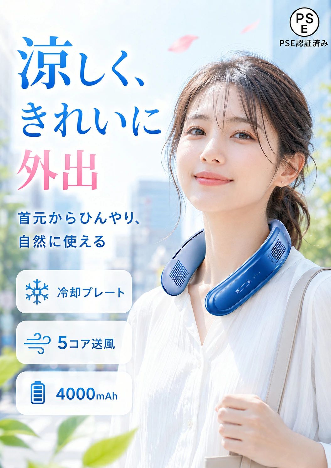 商品情報カラーホワイト、ブルーサイズ約210mm×140mm×470mm重さ約450gバッテリー容量4000mAh5コア送風で、首元をしっかりクールダウン5つの送風ユニットを搭載した高機能ネックファン。首元に広く風を届け、暑い季節の不快感をやわらげます。一般的な首掛け扇風機では風が一部に偏りやすい場面でも、5コア送風により首まわり全体へ効率よくアプローチ。通勤・通学、屋外作業、スポーツ観戦、アウトドアなど、暑さが気になるシーンで頼れる涼感をサポートします。合計28個の送風口で、包み込むような広範囲送風本体には合計28個の送風口を配置。首元の左右から風を届け、広い範囲に心地よい涼しさを感じやすい設計です。風が一点に集中しすぎず、首まわりを包み込むように送風するため、長時間の使用でも快適。羽根なしタイプなので、髪を巻き込みにくく、毎日の外出や家事中にも使いやすいネックファンです。4000mAh大容量バッテリー＆Type-C充電式4000mAhの大容量バッテリーを搭載し、約6～8時間の使用に対応。通勤・通学、買い物、散歩、レジャーなど、外出先でも使いやすい仕様です。Type-C充電式なので、モバイルバッテリーやUSB電源からも充電しやすく、日常使いに便利。コードレスで首に掛けるだけで使えるため、両手をふさがず快適に暑さ対策ができます。※使用時間は風量・使用環境により異なります。アクティブノイズ低減チップ搭載、静かに使いやすい送風力だけでなく、使用時の快適さにも配慮。アクティブノイズ低減チップを搭載し、運転音は36dB以下の静音設計です。首元で使うアイテムだからこそ、耳元での音が気になりにくいのはうれしいポイント。オフィスや室内、通勤時、読書中など、静かな場所でも使いやすく、強い風と快適な使用感を両立しています。3段階風量調節＆1年保証付きで、毎日の暑さ対策に安心風量は3段階で調節でき、室内ではやさしい風、屋外ではしっかりめの風など、シーンに合わせて使い分けできます。羽根なし設計で髪を巻き込みにくく、首掛けスタイルだから両手も自由。さらに1年保証付きで、購入後も安心してお使いいただけます。暑い季節の通勤・通学、屋外作業、アウトドア、ギフトにもおすすめのネックファンです。関連キーワードネッククーラー 首掛け扇風機 首かけ扇風機 首掛けファン ネックファン 羽根なし 羽なし 首掛け 羽根なし扇風機 携帯扇風機 充電式 扇風機 コードレス 扇風機 Type-C充電 USB充電 4000mAh 大容量 3段階風量調節 5コア送風 五核送風 28個送風口 広範囲送風 パワフル送風 強力送風 首元送風 首元冷感 ひんやり 涼感 暑さ対策 グッズ 夏用 ネックバンドファン 着るクーラー ハンズフリー 静音 低騒音 36dB以下 アクティブノイズ低減 ノイズ低減チップ ブラシレスモーター 快適装着 フィットしやすい 髪を巻き込みにくい 1年保証 選べる2色 ホワイト ブルー レディース メンズ 男女兼用 大人 子供 キッズ 通勤 通学 オフィス 家事 料理 散歩 ウォーキング ジョギング ランニング スポーツジム スポーツ観戦 登山 ハイキング アウトドア キャンプ フェス 旅行 出張 屋外作業 おしゃれ プレゼント ギフト 実用的 母の日 父の日 敬老の日 誕生日 クリスマス クリスマスプレゼント バレンタイン ホワイトデー 卒業式 入学式 成人の日 成人式 還暦祝い お祝い 合格祝い 父の日ギフト 母の日ギフト 夏ギフト首掛け扇風機 ハンズフリー 小型 4000mAh大容量バッテリー 長時間使用可能 主動騒音低減モーター搭載 ターボエンジン搭載で強力冷却 風量制御 便利 アウトドア 遠足 登山 キャンプ 観戦 家事 通学利用に 夏の必需品 涼感クーラー 4000mAhの大容量×ターボ冷却。夏の遠足も登山も、この1台で乗り切る。 5