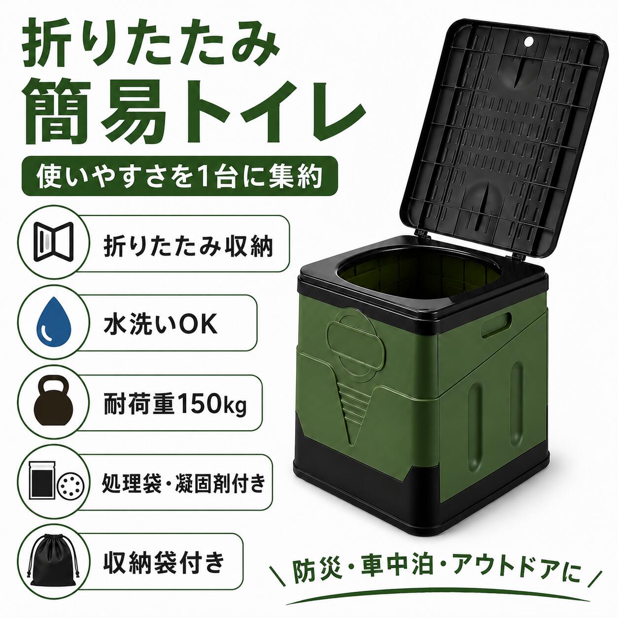 商品情報商品名折りたたみ式ポータブルトイレサイズ折畳みの 場合：32x28x11cm開いた場合：31x28x32cm規格材質：PP重量：1.4KG最大荷重：150KGパッケージ内容一体式折畳みトイレ本体*1+収納ポーチ付き＋生分解可能汚物袋1ロール「12枚」付き取り付け簡単1、周りの板を開いて、バックルと合わせて2、ビニール袋をつけます。蓋を閉めます3、使用後に袋をきちんと閉めて、取り出して処理します。※画像はイメージです、普通タイプの蓋は立てられません。大丸いタイプ＆大四角タイプの蓋は立てられます折りたたんでコンパクト収納使用しない時は高さ約11cmまで折りたためます。車のトランクや座席横、防災用品の収納場所にも置きやすい省スペース設計です。工具不要で簡単に組み立て本体を広げ、側面を固定して便座を取り付けるだけ。複雑な工具や作業を必要とせず、必要な時に素早く設置できます。耐荷重約150kgの安定構造ABS＋PP素材を使用した丈夫なボックス構造。平らな場所に設置することで、大人も使用しやすい安定感があります。水洗いできてお手入れ簡単本体が汚れた場合は水洗い可能。簡易トイレのほか、収納ボックスやごみ箱としても使えるマルチ設計です。関連キーワード折りたたみトイレ ポータブルトイレ 簡易トイレ 携帯トイレ 非常用トイレ 防災トイレ 災害用トイレ 断水対策 在宅避難 防災用品 防災グッズ 非常用 車載トイレ 車中泊 渋滞対策 長距離ドライブ キャンプ アウトドア 登山 釣り 処理袋付き 凝固剤付き 収納袋付き 12回分 コンパクト 折り畳み 水洗い ABS PP 耐荷重150kg 収納ボックス ごみ箱 グリーン グレー ブラック折りたたみ式 ポータブルトイレ 簡易トイレ 凝固剤12個 処理袋・収納袋付き 耐荷重150kg ABS＋PP 水洗いOK 防災 災害 断水 車中泊 キャンプ 渋滞 アウトドア コンパクト 3カラー 使わない時はコンパクトに収納。処理袋・凝固剤・収納袋がそろった、届いてすぐ使える折りたたみ式ポータブルトイレ。 ご使用上の注意：・ご使用前に本体各部が確実に固定されていることをご確認ください。・必ず平らで安定した場所に設置してください。・本商品を踏み台として使用したり、フタの上に立ったりしないでください。・簡易トイレとして使用する際は、必ず処理袋を正しく取り付けてください。・使用後は凝固剤を入れ、処理袋の口をしっかり結んでください。・使用済み処理袋は、各自治体のルールに従って処理してください。・凝固剤を口に入れたり、目や皮膚に直接触れさせたりしないでください。・凝固剤はお子様やペットの手の届かない場所に保管してください。・お子様や介助が必要な方が使用する際は、必ず保護者または介助者が付き添ってください。・火気、高温になる場所、直射日光が長時間当たる場所を避けて保管してください。・本体を水洗いした後は、水分を十分に拭き取り、完全に乾燥させてから収納してください。・洗剤を使用する場合は、中性洗剤を薄めて使用してください。・強力な薬剤、漂白剤、シンナー、研磨剤などは使用しないでください。・耐荷重は目安です。勢いよく座る、片側に強い力をかけるなどの使用は避けてください。・製造工程や測定方法により、サイズや重量に若干の誤差が生じる場合があります。・モニター環境や撮影時の照明により、実際の商品と色味が異なって見える場合があります 5