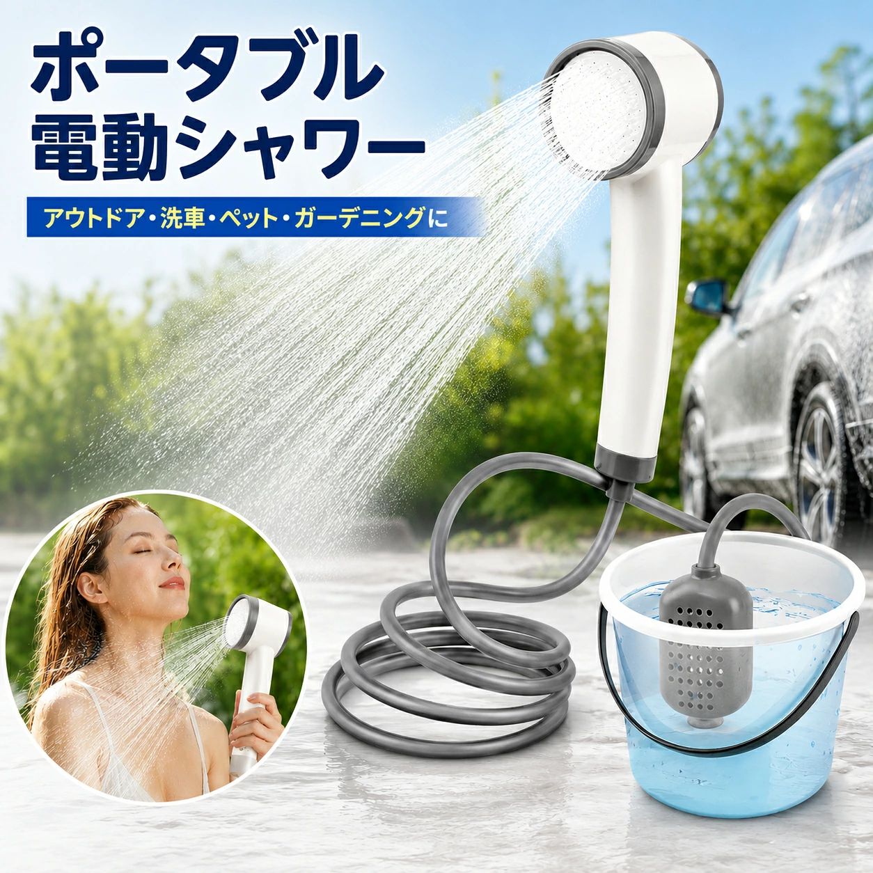商品情報商品名充電式ポータブルアウトドアシャワー商品仕様サイズ：約25×7×8cm重量：約0.44kgホース長さ：約2.1m充電入力：5V / 2A使用時間目安：約1～2時間シャワーパネル：304ステンレス水温表示：LEDデジタル表示温度表示カラー：35℃以下：青 / 36～45℃：緑 / 45～55℃：赤充電方法：USB充電主な用途シャワー、洗車、ペット、ガーデニング、アウトドアなどおすすめ使用シーンキャンプ・車中泊・海水浴・屋外シャワー・学校や寮・ガーデニング・洗車・アウトドア用品の洗浄・ペットのお風呂・災害時の簡易シャワー1台あると、日常からレジャー、防災まで幅広く使えます。関連キーワードポータブルシャワー アウトドアシャワー 携帯シャワー 充電式シャワー USB充電 シャワーヘッド LED温度表示 温度表示 デジタル表示 高圧シャワー 増圧シャワー 屋外シャワー 簡易シャワー キャンプ 車中泊 アウトドア 海水浴 ビーチ 洗車 車洗浄 ペットシャワー 犬 猫 ガーデニング 水やり 防災 災害対策 非常用 シャワー 2.1mホース ステンレスパネル モバイルシャワー ポータブル キャンプ用品 防災グッズ【応急・アウトドア用品】ポータブルシャワー 充電式 アウトドアシャワー LED温度表示 2.1mホース 高圧 増圧 3段階温度カラー表示 USB充電 携帯シャワー キャンプ 車中泊 洗車 ペットシャワー ガーデニング 防災 電源や水道設備のない場所でも使いやすい充電式ポータブルシャワー。LEDで水温をひと目で確認でき、細かな水流とパワフルな水圧でアウトドアから洗車・ペットのお手入れまで幅広く活躍。 ご使用上の注意：・本商品は水を加熱する機能はありません。LED 表示は水温を表示するための機能です。・55℃を超える高温のお湯は使用しないでください。・使用前に必ず水温を確認し、やけどに十分ご注意ください。・吸水部が十分に水へ浸かった状態で使用してください。・空運転は故障の原因となるため避けてください。・砂、泥、異物の多い水を使用するとフィルターや吐水穴が詰まる場合があります。・使用後はフィルターやシャワーヘッドを定期的に清掃してください。・充電中は充電端子部分を濡らさないでください。・本体を水中へ完全に沈めるなど、想定外の使用は避けてください。・モバイルバッテリー、バケツなどは付属していない場合があります。商品ページのセット内容をご確認ください。・使用時間は水圧、使用環境、バッテリー状態によって異なります。・長期間使用しない場合でも、定期的に充電してください。・製造ロットにより、細部のデザイン、色味、仕様が画像と若干異なる場合があります。・モニター環境により、実際の商品と画像の色味が異なって見える場合があります。 5