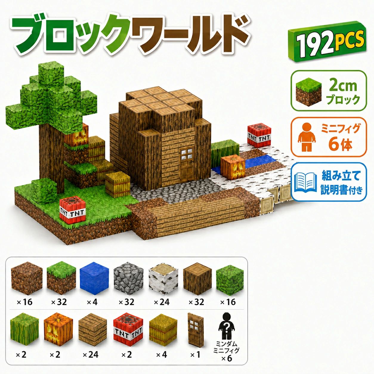 商品情報商品名マグネットキューブブロック商品タイプ磁石ブロック玩具 / ピクセル風ブロック対象年齢5歳以上素材ABS、磁石ブロックサイズ約2cm × 約2cm × 約2cm遊び方平面遊び・立体組み立て・ごっこ遊び・作品展示付属品ブロック、ミニフィギュア、収納ケースなど用途室内遊び、知育玩具、親子遊び、プレゼント六面マグネット内蔵で組み立てやすいブロック同士を近づけるだけでカチッと吸着。どの面からでもつなげやすく、はじめてのお子さまでも直感的に遊べます。想像力と空間認識力を育む知育玩具考えながら組み立てることで、想像力・創造力・空間認識力を遊びながら育てます。おうち時間の知育遊びにもおすすめです。関連キーワードマグネットキューブブロック 磁石ブロック マグネットブロック ピクセル風ブロック ブロック玩具 知育玩具 立体パズル 磁石おもちゃ キューブブロック ABSブロック ミニフィギュア付き 収納ケース付き 子供 おもちゃ キッズ 男の子 女の子 5歳以上 室内遊び 親子遊び 創造力 想像力 空間認識力 ごっこ遊び 誕生日 プレゼント クリスマス ギフト 入園祝い 卒園祝い こどもの日 ゲーム風ブロック【送料無料】磁石ブロック マイクラ マグネットキューブ マグネット マイクラレゴ互換 マイクラマグネットブロック ミニフィグ 村長の家 マイワールド 192ピース diy world マイクラ おもちゃ 誕生日 入園 卒業プレゼント 磁石でカチッとつながる、じぶんだけのピクセルワールド。作って、並べて、飾って楽しめる知育ブロック玩具。 ――――――――――――――――――注意事項：・対象年齢未満のお子さまには使用しないでください。・小さなお子さまが遊ぶ際は、必ず保護者のもとでご使用ください。・小さなパーツや磁石を含む商品です。口の中に入れたり、飲み込んだりしないよう十分ご注意ください。・万一、パーツを誤飲した場合は、すぐに医師にご相談ください。・磁気カード、時計、スマートフォン、医療機器、精密機器などに近づけないでください。・火気の近くや高温多湿の場所での使用・保管はお避けください。・強い衝撃を与えたり、無理に曲げたり分解したりしないでください。・商品の色味は、撮影環境やモニター設定により実物と多少異なる場合があります。・サイズは手作業で測定しているため、若干の誤差が生じる場合があります。・生産時期により、ブロック柄や付属パーツの仕様が一部変更になる場合があります。 5