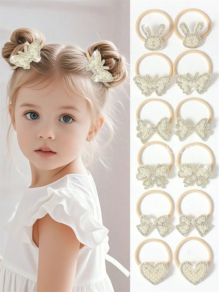 ヘアゴム 子供 ランダム10個入り ホワイトラインストーン&パール ヘアシュシュ リボン 蝶、ウサギ ハート柄 エレガントなヘアタイ フェ - 2