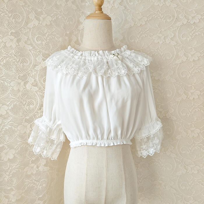 ブラウス 半袖 ロリータ レディース 夏 シフォン ロリータファッション ロリィタ レース フリル 3カラー Lolitaラウンドネック オフショ