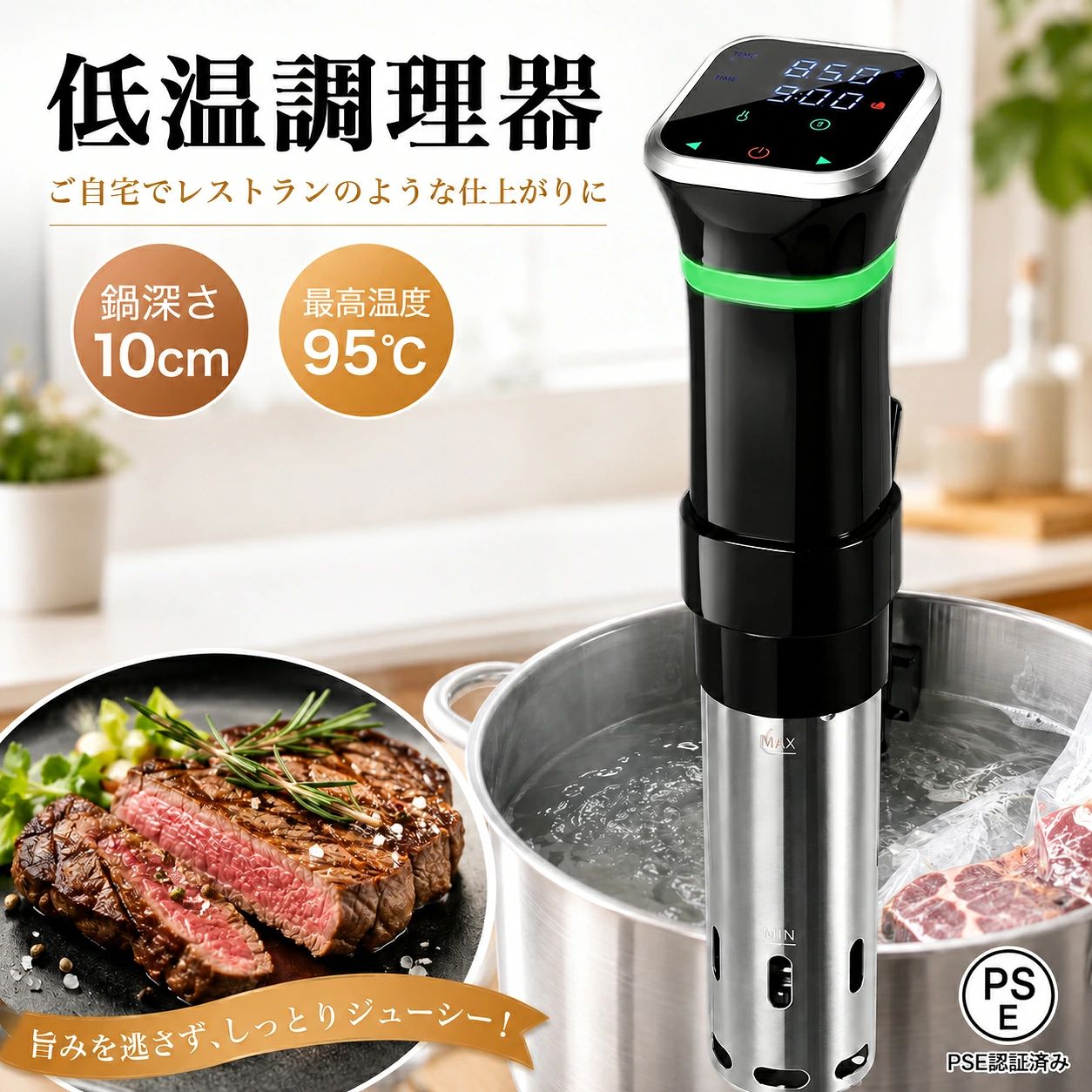 商品情報【24時間タイマー予約　時間と温度をコントロール25~95℃精密温度制御】「タイム設定」を長押ししてタイマー予約機能に入ります。予約設定が完了すると、低温調理機が自動的に起動する。就寝前や出勤前に予約をして、起床後や帰宅時にすぐ食べられる。従来の調理では、火加減を把握するために常に注意を払う必要がある。この低温調理機には、スマートメタル温度センサーが搭載されて、過度調理の心配を気にせず、精確な時間に正確な温度で加熱してくれる。焦げる心配もなく、最大限食材の栄養素と風味を保留できる。 *温度設定は25 - 99℃まで、精度は±0.1°Cとなる。 　時間設定は1分刻みで、0時間 - 99時間になる。【1100Wハイパワー 360°水循環で加熱】プレスタイプクリップに滑り止めシリコンパッドを加えて、より安定して脱落しにくい低温調理器でき上がる。 3段階可調整によって、高さが異なる調理容器を使っても簡単に対応可能。ネジで固定されるタイプの調理器より手間が省ける。 精密調理器を任意の鍋や容器に取り付け、鍋や容器に水を入れ、密封された袋に食べ物を入れ、タッチパネル操作で料理を応じて温度と時間を設定して「ほっとく」時間を待つだけ。【低温調理 最上級クラスの料理を味わう】低温調理器を使うことで、火加減がコントロールしにくい食材を一定の温度で加熱させることが可能。なお、多様なレシピがつくことで、たとえ料理に苦手な方が使ってもミシュランの星を獲得したレストランのシェフのようなパフォーマンスが再現できる。低温調理法は食材の元の味を引き出せる秘訣である。肉の水分を保つ上、肉質をさらにやわらかくすることで、豊かな風味が味わえる。【 五重安心保護】安心安全な商品を供給することが一番重要な使命である。低温調理器の防水レベルはIPX7にたどり、お料理中や使用後のお手入れの際に、多少水がかかっても安心できる。また、本製品は燃焼防止センサー、温度センサー、水位感知センサー、110℃高温防止センサーが四つも搭載されて、保証期間は12カ月間になる。 *ご不明な点や万が一の不具合などが発生した場合は、当店までご連絡いただきますようお願い申し上げます。その際は、速やかに対応させていただきます。メ一力一希望小壳価格 メーカー希望小売価格はメーカーサイトに基づいて掲載しています メーカー希望小売価格はメーカーサイトに基づいて掲載しています メーカー希望小売価格はメーカーサイトに基づいて掲載しています【 新生活応援】 低温調理器 1100Wハイパワー スロークッカー 低温調理器具 24時間 予約機能 真空調理器 ッカー レシピ付き 低温調理 IPX7防水 温度設定 五重安心保護 高出力 日本語取扱説明書 低温調理器 1100Wハイパワー スロークッカー 低温調理器具 日本向けに設計 24時間 予約機能 IPX7防水 温度設定 五重安心保護 5
