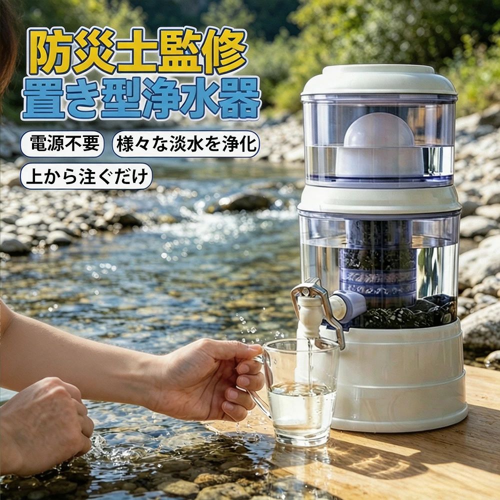 メーカー希望小売価格はメーカーサイトに基づいて掲載しています メーカー希望小売価格はメーカーサイトに基づいて掲載しています メーカー希望小売価格はメーカーサイトに基づいて掲載しています【能登半島地震で活躍実績あり！】置き型浄水器 災害時浄水器 ろ過器 防災 家庭用浄水器 家庭用 雨水 ろ過 飲み水 災害用水 井戸水 川の水 浄水器サーバー 災害用 井戸水対応 浄水器本体 濾過器 持ち運べる 電源不要 電気不要 浄水器カートリッジ 14L-16L-24L使用可能 高繊細な多孔質構造で不純物も細菌も臭いもすべて除去します！浄水器 置き型浄水器 ろ過器 据置型 活性炭ろ過フィルター 交換用フィルターカートリッジ 浄水器フィルター 浄水カートリ 製品特徴●PFAS（有機フッ素化合物）除去可能 　　　　　　　●電源不要で水を注ぐだけで浄水可能 　　　　　　　●水道水から池の水まで飲料水にする 　　　　　　　●高性能フィルターによる高い洗浄能力 　　　　　　　●あらゆる場面で頼れる浄水パートナー●簡単給水性能●セラミックフィルター0.1マイクロメートルの小さな穴を通り、錆や土泥、微生物などの不純物をろ過 　　　　　●活性炭フィルター活性炭・ゼオライト・カオリン・珪砂が有害物質、微生物、色素、臭いを吸着ヤシ殻活性炭（ココナッツの殻）とシルバーカーボンを使用した高性能な浄水材 　　　　　●シルバーストーン・ミネラルストーン銀の力で雑菌の繁殖を防ぎ、水に40種類以上のミネラル分を付加 　　　　　●マグネットチューブ出口の腐食防止メンテナンス方法●セラミックフィルター《18ヶ月ごとに交換》浄水速度の低下やセラミックフィルターに変色が見られた場合、目の粗いスポンジややすりでフィルター表面を磨く●活性炭フィルター《6ヶ月ごとに交換》 　　　　　3ヶ月ごとに食塩水にて煮沸を行う除去物質総大腸菌群、大腸菌、糞便性大腸菌群、鉛、フッ素、ヒ素、セレン、水銀、シアン、クロム、アンモニア性窒素、硝酸性窒素、カドミニウム、ホウ素、臭素酸塩、フェノール、ダイアジノン、パラチオン、フェントロチオン、カルバリル、1.1.1-トリクロロエタン、テトラクロロエチレン（PCE）、トリクロロエチレン（TCE）、ジクロロメタン、ベンゼン、トルエン、エチルベンゼン、キシレン、1.1-ジクロロエチレン、四塩化炭素、1.2-ジブロモ-3-クロロプロパン、1.4-ジオキサン、ガラス残留塩素(遊離塩素)、総トリハロメタン(THMs)、クロロホルム、ブロモジクロロメタン、ジブロモクロロメタン、アルミニウムクロロハイドレイト、ジブロモアセトニトリル、ジグロロアセトニトリル、トリクロロアセトニトリル、ハロアセチックエシド(ハロ酢酸)、ホルムアルデヒド、硬度、過マンガン酸カリウム、匂い、味、銅、色度、洗剤(ABS)、水素イオン濃度(pH)、亜鉛、塩素イオン、蒸発残留物、鉄、マンガン、濁度、硫酸イオン、アルミニウム 5