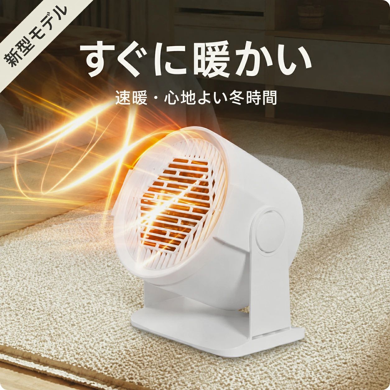 商品情報商品説明商品名：ポータブル温風ヒーター加?方式：波形合金ヒーター定格消費電力：400W定格周波数：50Hz操作方法：電源スイッチ角度調節：上下約120°安全装置：温度調節器、温度ヒューズ梱包サイズ：約18×11.5×17cmアドバイス・デスク下やテーブル付近の足元暖房におすすめです。・リビングや寝室では、エアコンと併用する補助暖房としてご使用ください。・使用前に本体を安定した平らな場所へ設置してください。・温風を届けたい方向に合わせて、本体角度を調節してください。・壁掛けで使用する場合は、壁の材質に適した取付部品を使用し、十分な耐荷重を確認してください。・初回使用時に製造由来のにおいを感じる場合は、十分に換気しながら運転してください。関連キーワード小型ヒーター 温風ヒーター 電気ファンヒーター 足元ヒーター デスクヒーター パーソナルヒーター コンパクトヒーター ミニヒーター 省スペース 暖房器具 足元暖房 補助暖房 400W 上下角度調節 120度 壁掛けヒーター 据え置きヒーター 過熱防止 温度ヒューズ 無光 低騒音 寝室 オフィス デスク下 リビング 脱衣所 洗面所 キッチン ホワイト 冬物家電小型 温風ヒーター 電気ファンヒーター 400W コンパクト 足元ヒーター 上下約120°角度調節 壁掛け対応 過熱保護 温度ヒューズ 無光 省スペース デスク オフィス 寝室 脱衣所 暖房器具 置き場所を選ばないコンパクト設計。デスク下やリビングの足元に、スイッチひとつですばやく暖かさを届けます。 5