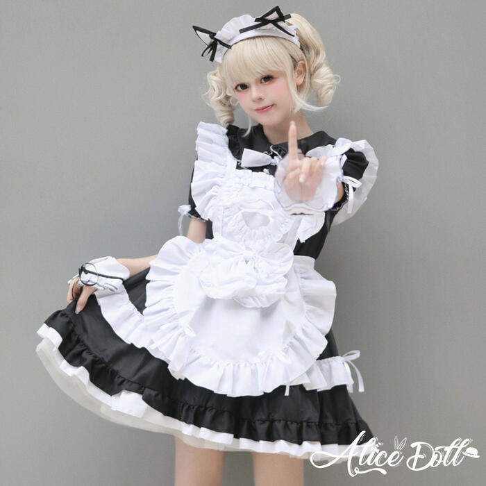 メイド服 ロリータ セット ワンピース エプロン カチューシャ 猫耳 半袖 ゆめかわいい メイド ミニ丈 ミニスカ フリル リボン ドレス