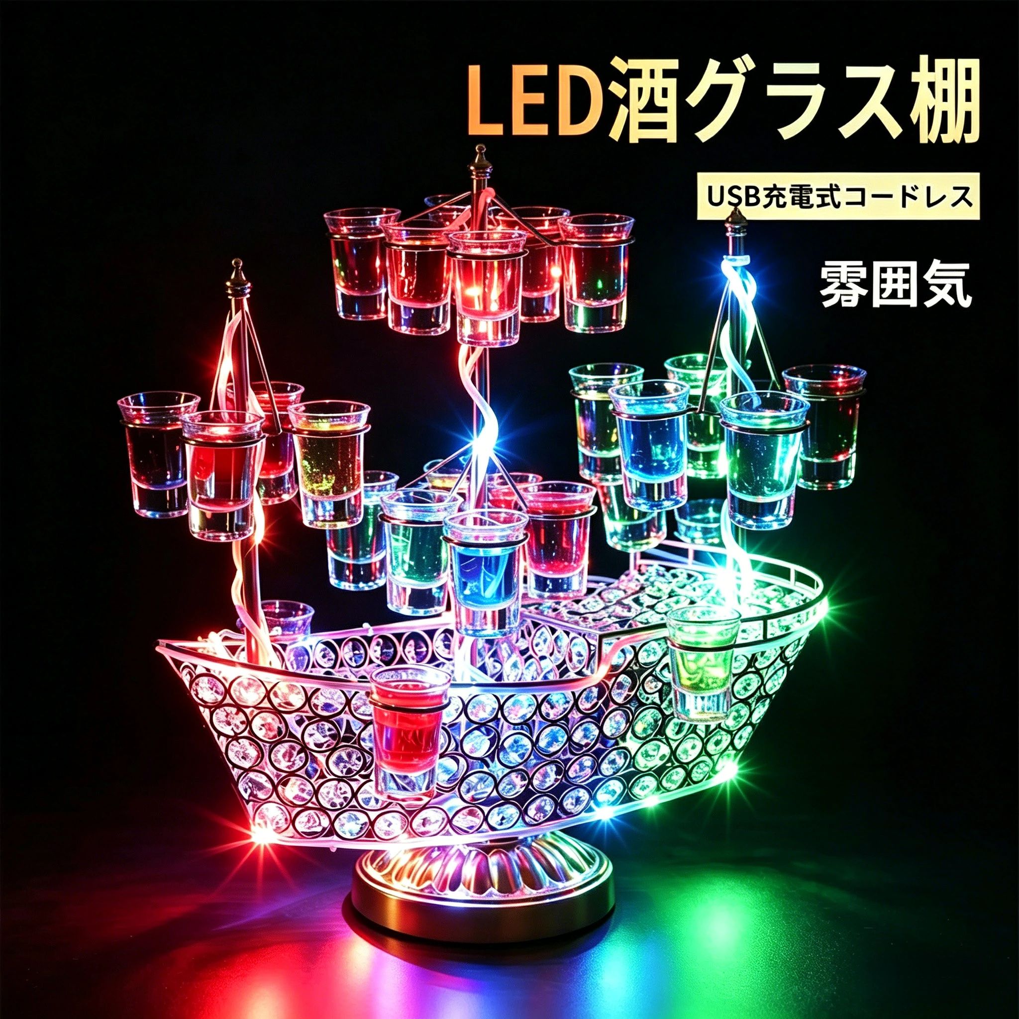 メーカー希望小売価格はメーカーサイトに基づいて掲載しています メーカー希望小売価格はメーカーサイトに基づいて掲載しています メーカー希望小売価格はメーカーサイトに基づいて掲載しています幻の船 LED酒ボトルの表示棚 バーホテル LED酒棚の表示棚 幻の船を実現 酒器 船型酒棚 テキーラ観覧車 パーティ 開店祝い 開店 レストラン レストランの装飾 ワイングラス掛け 24カップ 【ワイングラス別セット売り】 LED酒ボトルの表示棚 24カップ 船型酒棚 LEDランプデザイン 卓上自立型 USB充電式 コードレス 操作簡単 雰囲気作り 【独特な美しいLED酒棚】普通の酒棚と違って、変化している光はまるで美しい花が咲くように輝いています。光線が非常にきれいで場所を飾って、夢中になってしまう！色の照明効果だけでなく、ガラスの美しさも見ることができます。【雰囲気を盛り上がる】LED照明付き酒グラス表示棚はモダンでスタイリッシュです。目を引くディスプレイデザインで綺麗な雰囲気を作り出します。輝く光が長持ちでロマンチックな雰囲気満々です。【ロマンチックを味わう】スイッチボタンを押しだけでLEDランプ点灯、ロマンチックな雰囲気を味わいながら、酒飲みはもっと美味しく感じます。【素敵なプレゼント＆装飾品】家族、親友や同僚などへの素敵なプレゼント、誕生日、記念日などのサプライズギフトとして使用可能です。自宅の雰囲気装飾はもちろん、お店のディスプレイにも大人気です。【適用場所】カラオケ、居酒屋、 バー、クラブ、パーティー、飲み会、自宅飲み、クリスマスなどに最適です。USB充電式なのでコードレス、卓上自立型で場所に問わずとこでも使えます。約3～4時間充電、約7時間使用可能です。 5