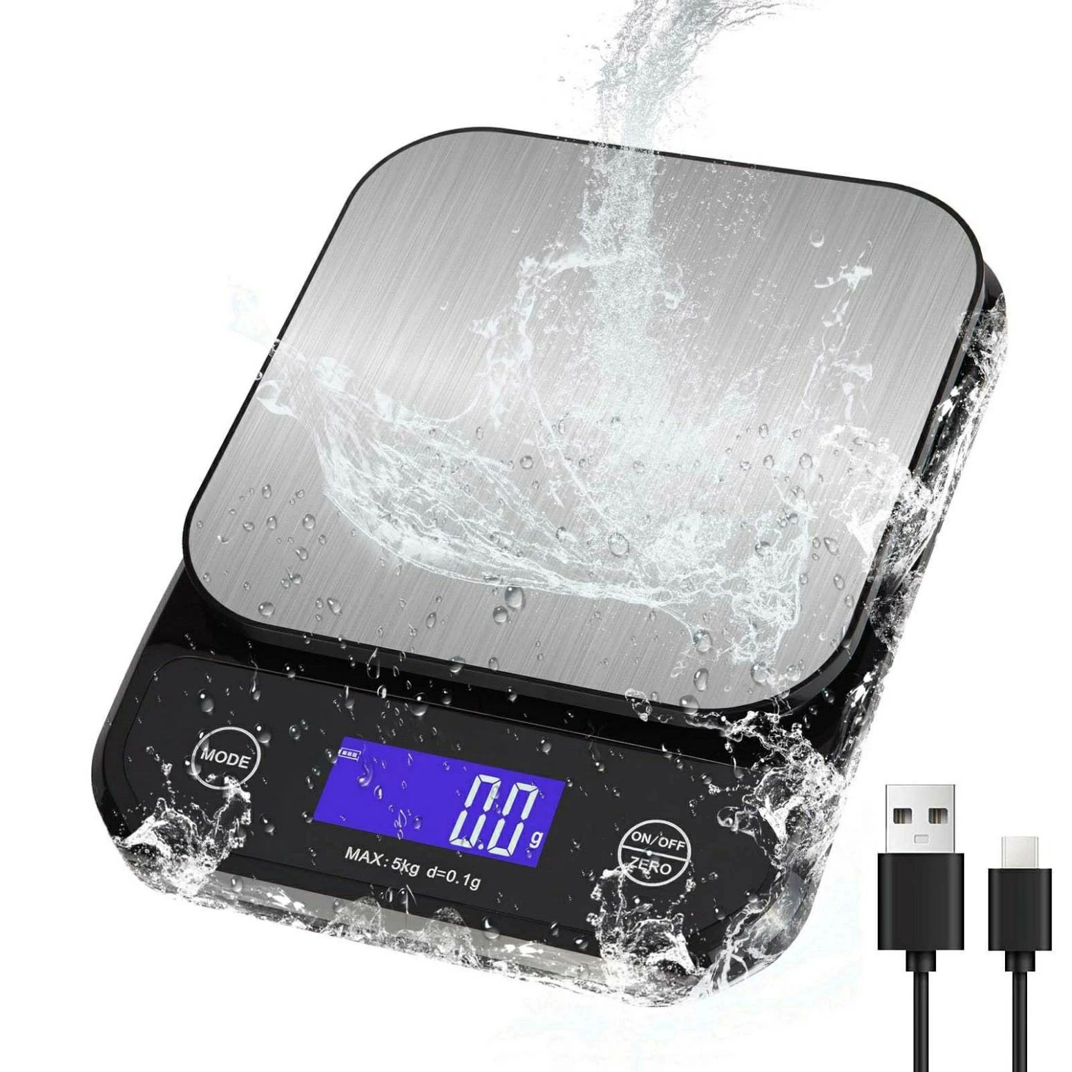キッチン はかり 防水I65 洗える 0.1g 5kg TYE-C充電&乾電池 二式給電 全視角LCD ...